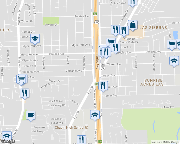 map of restaurants, bars, coffee shops, grocery stores, and more near 4218 Volcanic Avenue in El Paso