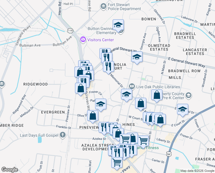 map of restaurants, bars, coffee shops, grocery stores, and more near 137 Rolland Street in Hinesville