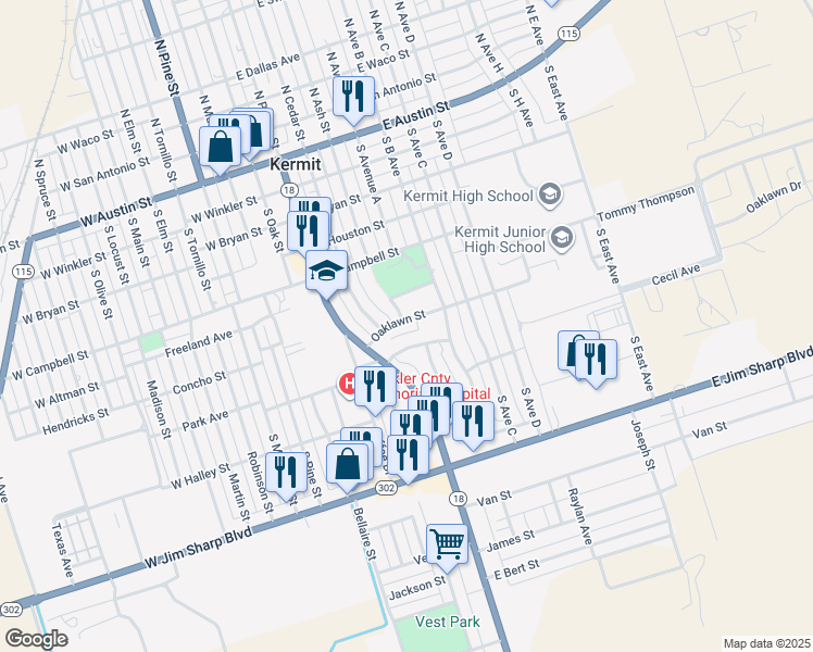 map of restaurants, bars, coffee shops, grocery stores, and more near 401 Oaklawn Street in Kermit
