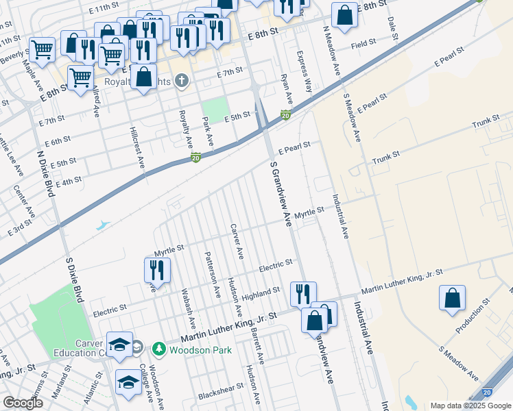 map of restaurants, bars, coffee shops, grocery stores, and more near 238 Dobbs Ave in Odessa
