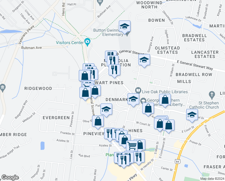map of restaurants, bars, coffee shops, grocery stores, and more near 135 Rolland Street in Hinesville