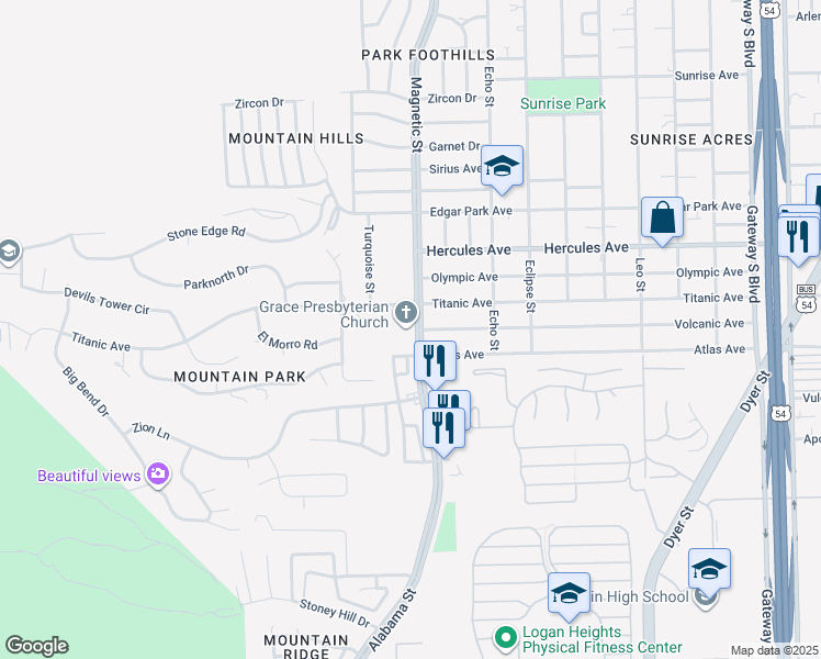 map of restaurants, bars, coffee shops, grocery stores, and more near 8001 Magnetic Street in El Paso