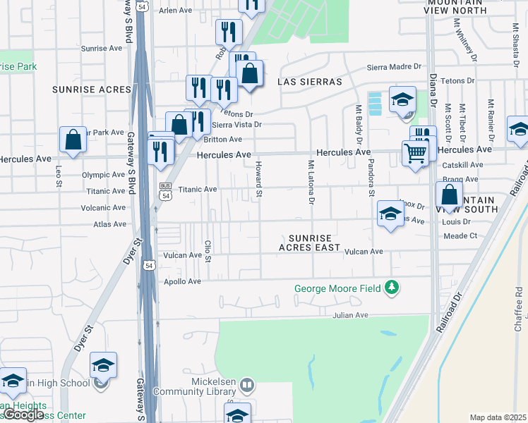 map of restaurants, bars, coffee shops, grocery stores, and more near 7930 Howard Street in El Paso