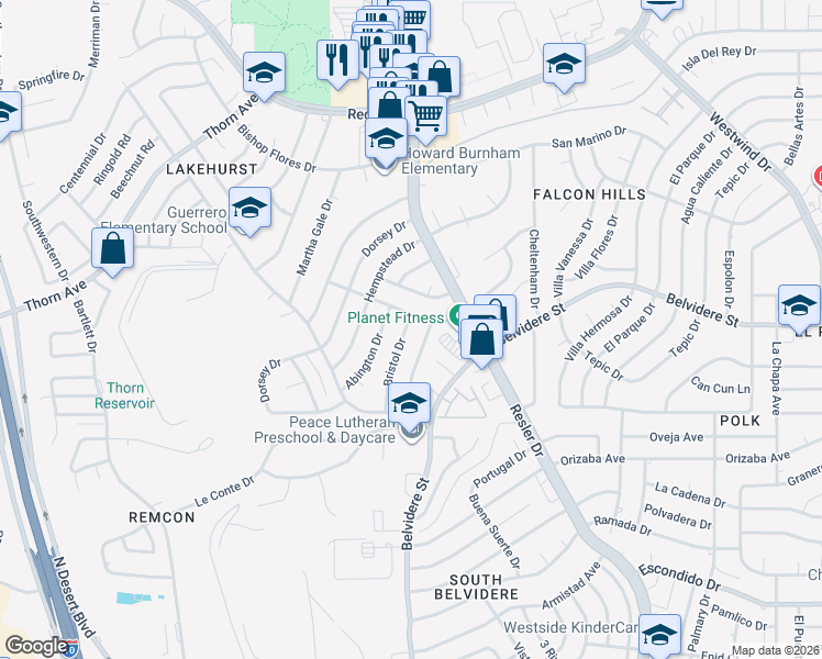 map of restaurants, bars, coffee shops, grocery stores, and more near 672 Bristol Drive in El Paso
