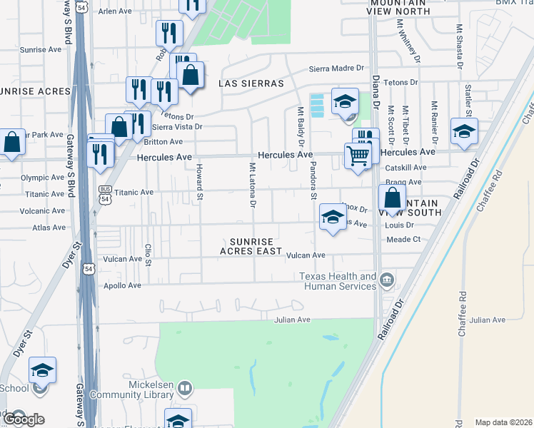 map of restaurants, bars, coffee shops, grocery stores, and more near 4805 Atlas Avenue in El Paso
