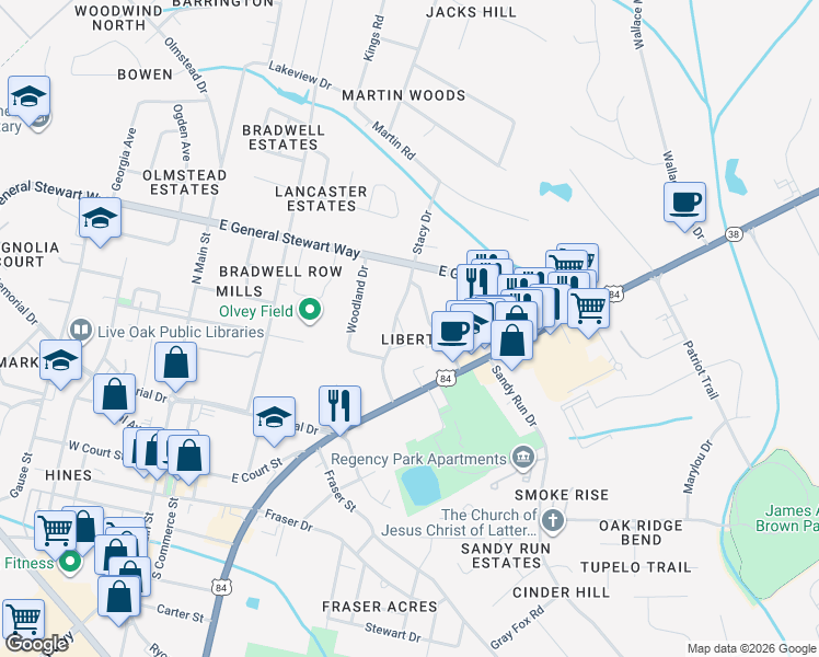 map of restaurants, bars, coffee shops, grocery stores, and more near 112 Parkview Drive in Hinesville