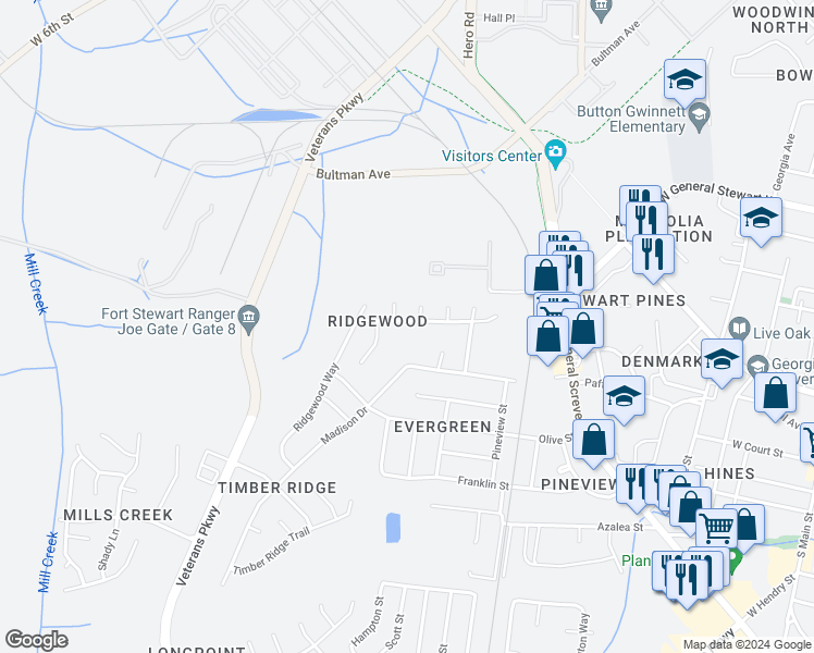 map of restaurants, bars, coffee shops, grocery stores, and more near 810 Lost Grove Lane in Hinesville