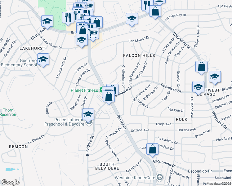 map of restaurants, bars, coffee shops, grocery stores, and more near 723 Belvidere Street in El Paso