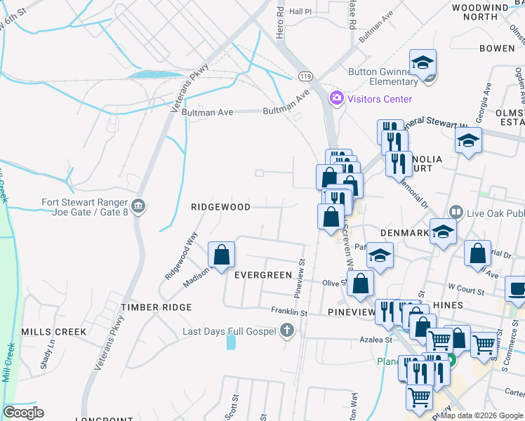 map of restaurants, bars, coffee shops, grocery stores, and more near 827 Lost Grove Lane in Hinesville