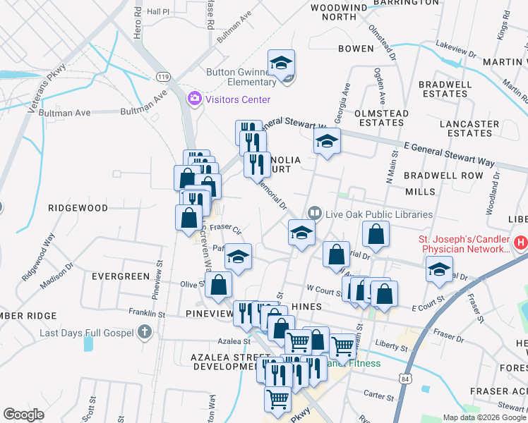 map of restaurants, bars, coffee shops, grocery stores, and more near 134 Rolland Street in Hinesville
