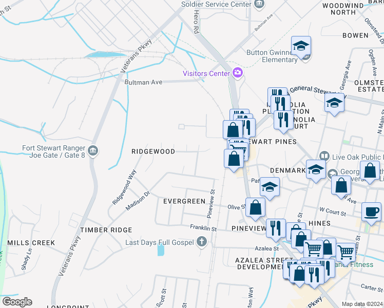 map of restaurants, bars, coffee shops, grocery stores, and more near 828 Lost Grove Lane in Hinesville