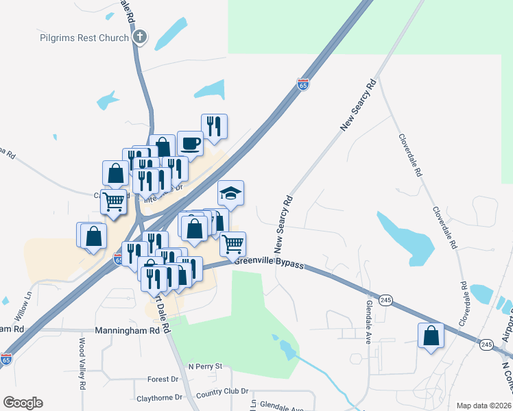 map of restaurants, bars, coffee shops, grocery stores, and more near 202 Shady Ridge Road in Greenville