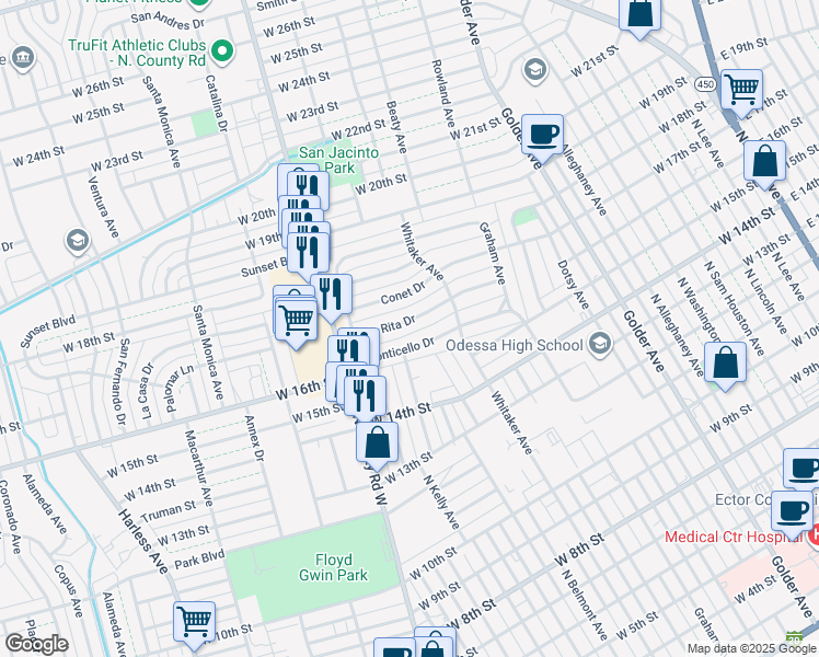map of restaurants, bars, coffee shops, grocery stores, and more near 217 Santa Rita Drive in Odessa