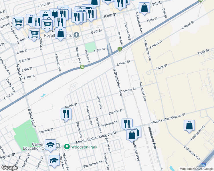 map of restaurants, bars, coffee shops, grocery stores, and more near 238 Dobbs Avenue in Odessa