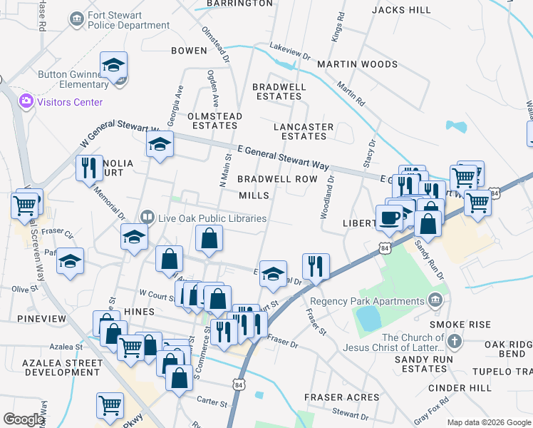 map of restaurants, bars, coffee shops, grocery stores, and more near 119 East Mills Street in Hinesville