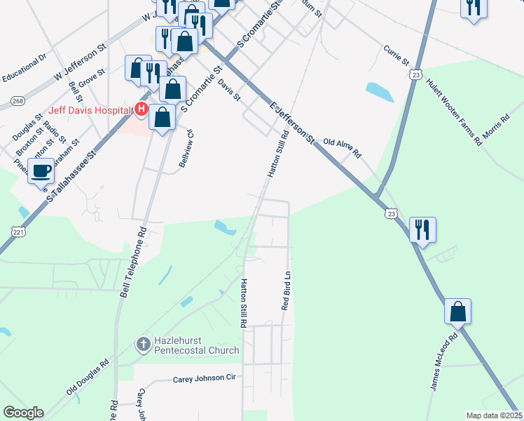 map of restaurants, bars, coffee shops, grocery stores, and more near 3 Willow Street in Hazlehurst