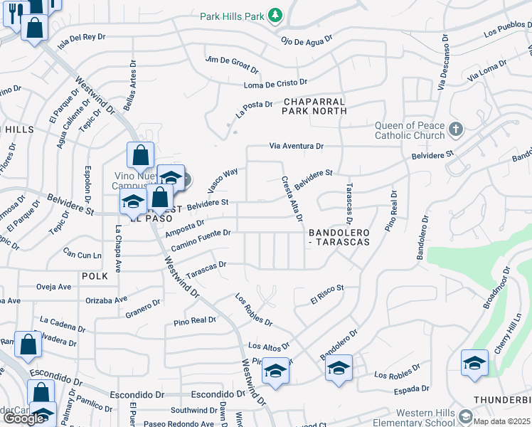 map of restaurants, bars, coffee shops, grocery stores, and more near 6425 Amposta Drive in El Paso