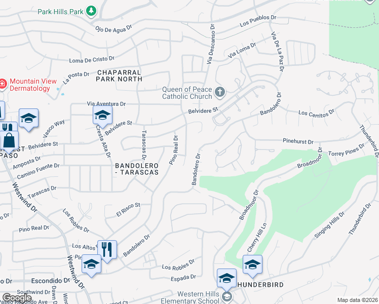 map of restaurants, bars, coffee shops, grocery stores, and more near 6059 Bandolero Drive in El Paso