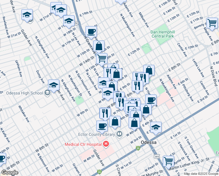 map of restaurants, bars, coffee shops, grocery stores, and more near 111 West 10th Street in Odessa