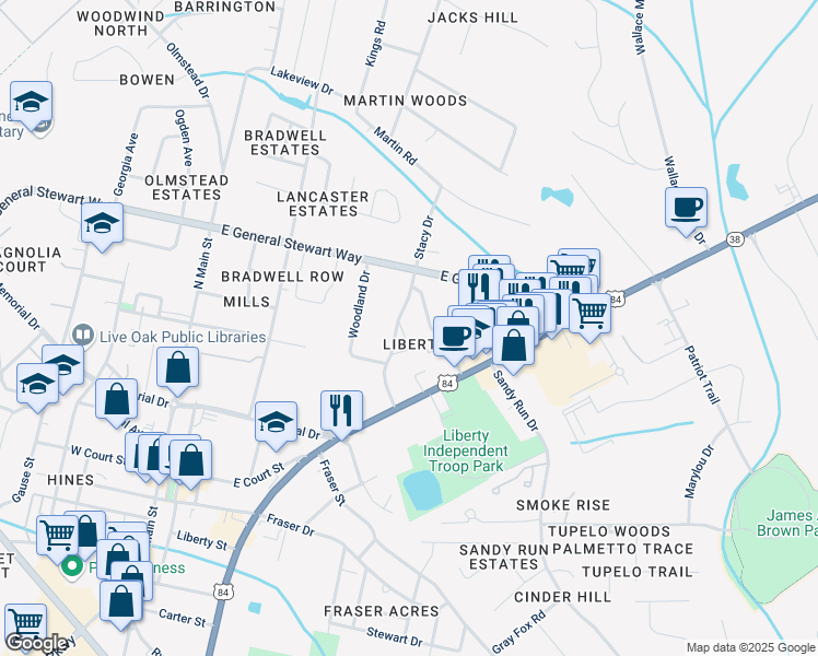map of restaurants, bars, coffee shops, grocery stores, and more near 114 Parkview Drive in Hinesville