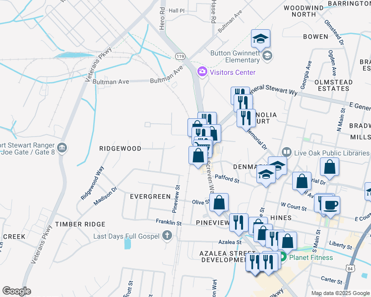 map of restaurants, bars, coffee shops, grocery stores, and more near 501 West General Screven Way in Hinesville