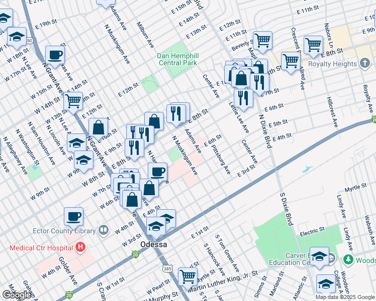 map of restaurants, bars, coffee shops, grocery stores, and more near 603 East 6th Street in Odessa