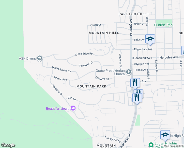 map of restaurants, bars, coffee shops, grocery stores, and more near 3124 Titanic Ave in El Paso