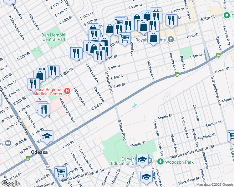 map of restaurants, bars, coffee shops, grocery stores, and more near 222 North Dixie Boulevard in Odessa