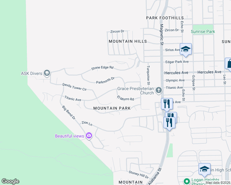 map of restaurants, bars, coffee shops, grocery stores, and more near 3124 Titanic Avenue in El Paso
