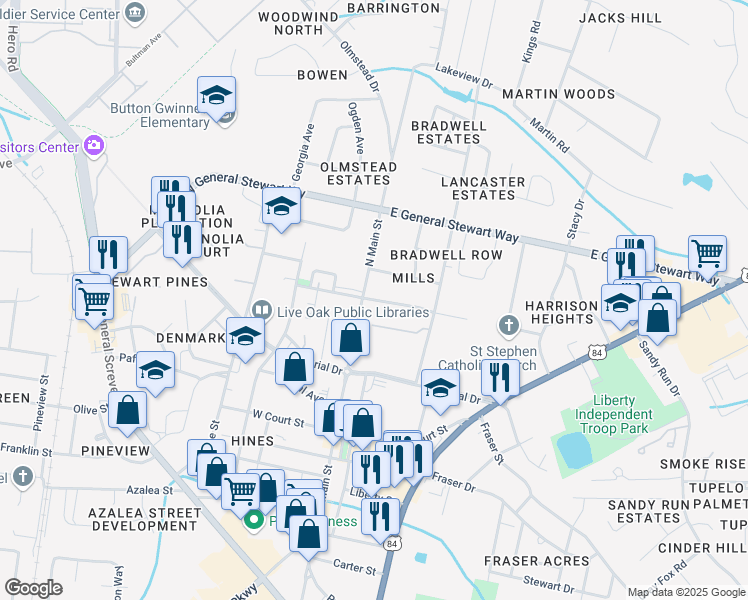 map of restaurants, bars, coffee shops, grocery stores, and more near 119 E Mills St in Hinesville
