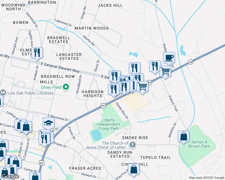 map of restaurants, bars, coffee shops, grocery stores, and more near 720 East Oglethorpe Highway in Hinesville