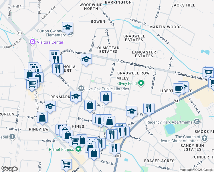 map of restaurants, bars, coffee shops, grocery stores, and more near 327 North Main Street in Hinesville