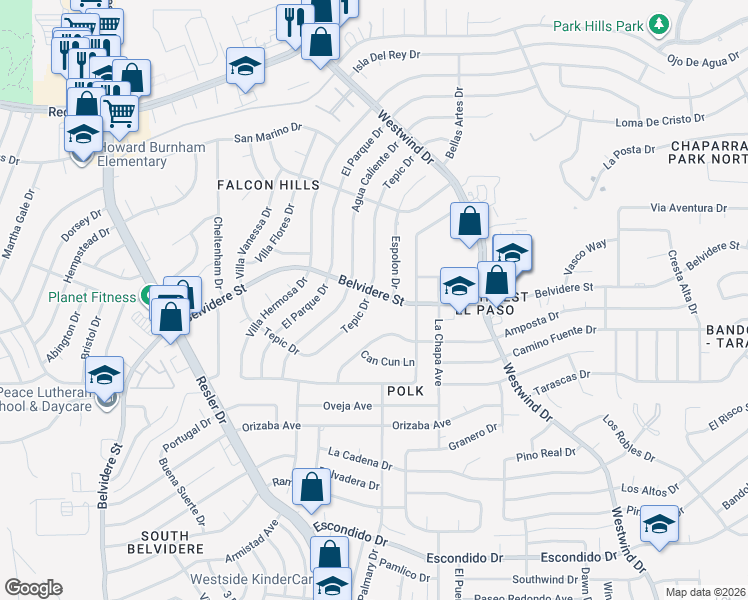 map of restaurants, bars, coffee shops, grocery stores, and more near 672 Tepic Drive in El Paso