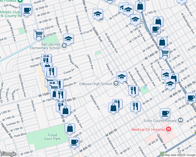 map of restaurants, bars, coffee shops, grocery stores, and more near 1000 West 15th Street in Odessa
