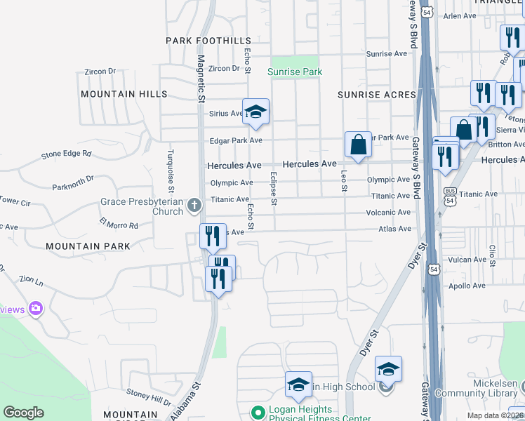map of restaurants, bars, coffee shops, grocery stores, and more near 3615 Volcanic Avenue in El Paso