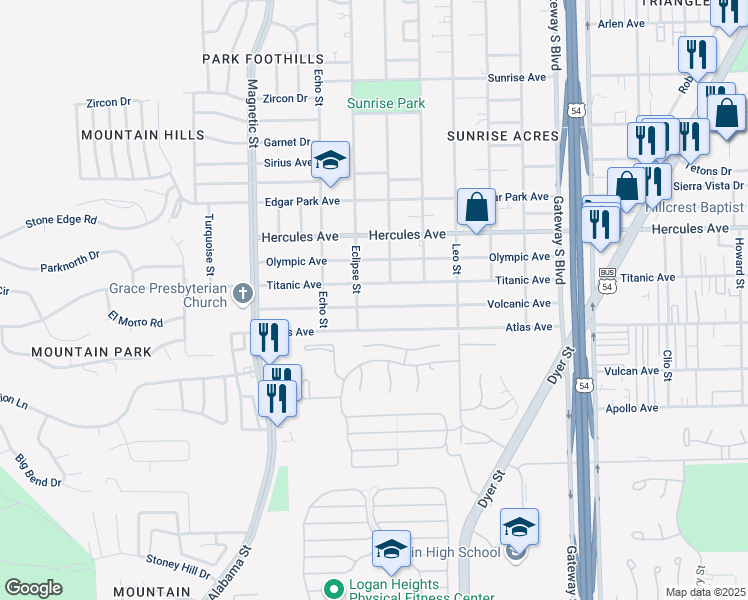 map of restaurants, bars, coffee shops, grocery stores, and more near 3709 Volcanic Avenue in El Paso