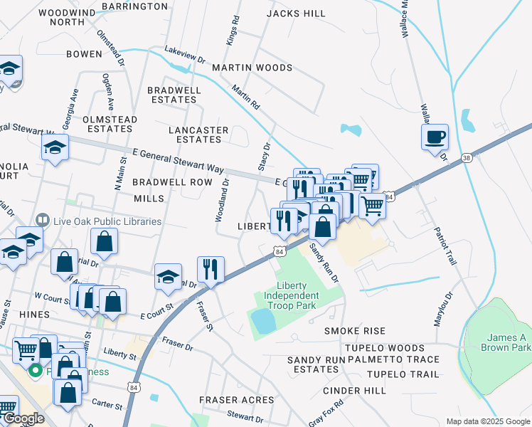map of restaurants, bars, coffee shops, grocery stores, and more near 114 Parkview Drive in Hinesville