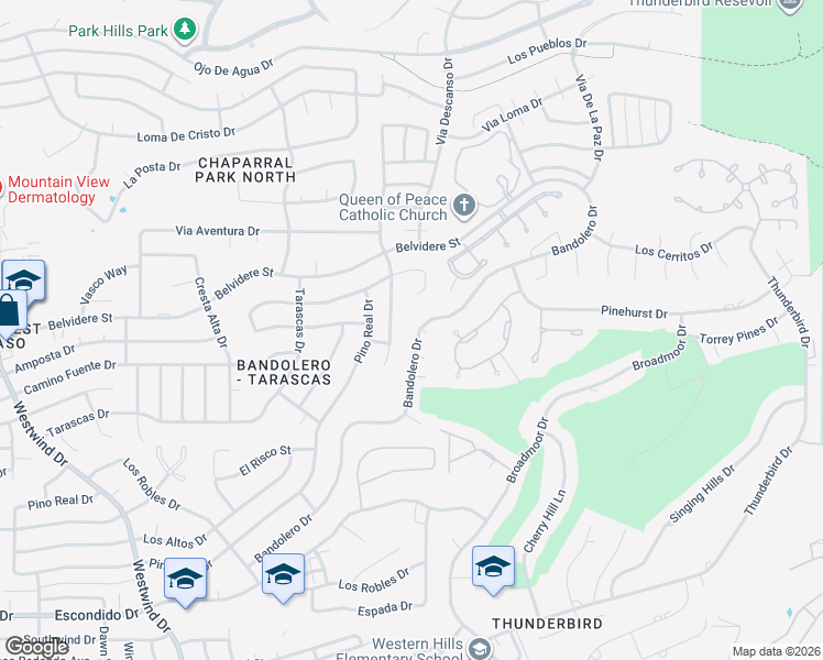 map of restaurants, bars, coffee shops, grocery stores, and more near 6059 Bandolero Drive in El Paso