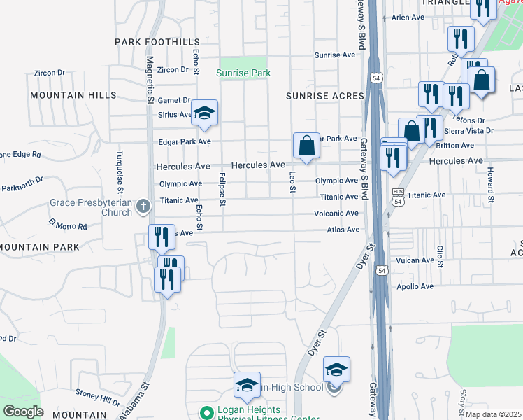 map of restaurants, bars, coffee shops, grocery stores, and more near 3813 Volcanic Avenue in El Paso