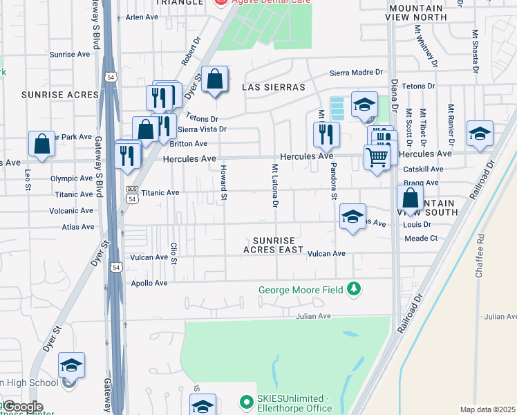 map of restaurants, bars, coffee shops, grocery stores, and more near 4747 Atlas Avenue in El Paso