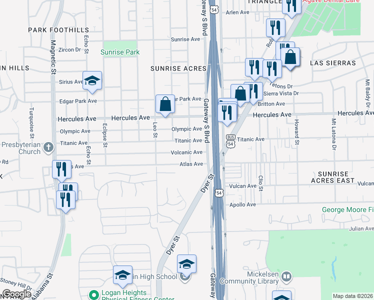 map of restaurants, bars, coffee shops, grocery stores, and more near 4113 Volcanic Avenue in El Paso