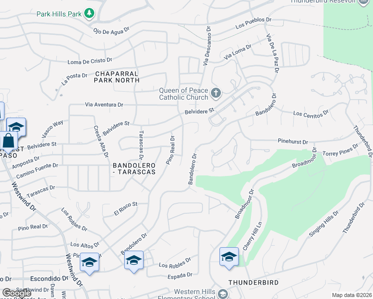 map of restaurants, bars, coffee shops, grocery stores, and more near 6059 Bandolero Drive in El Paso