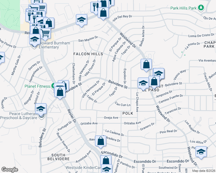 map of restaurants, bars, coffee shops, grocery stores, and more near 665 Agua Caliente Drive in El Paso