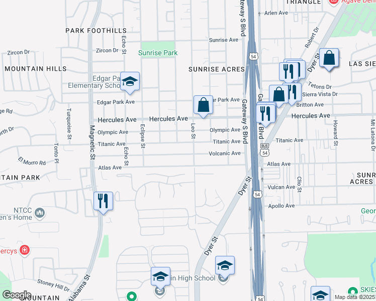 map of restaurants, bars, coffee shops, grocery stores, and more near 3913 Volcanic Avenue in El Paso