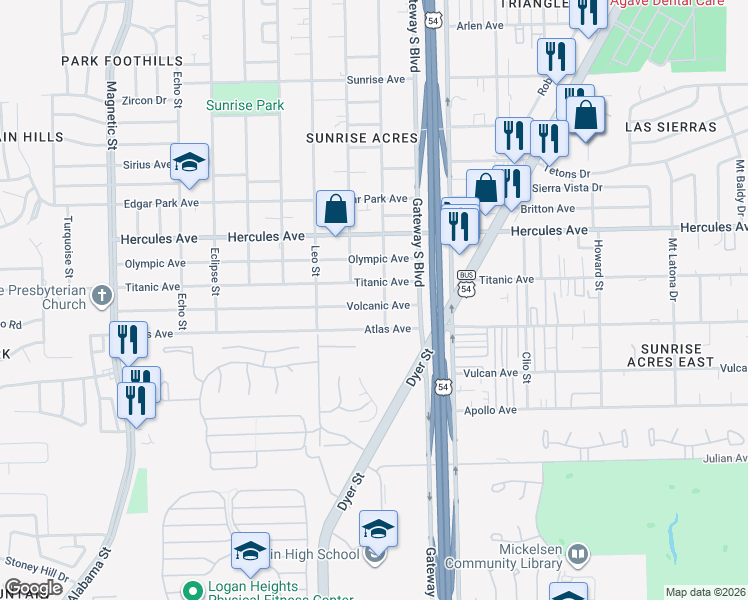 map of restaurants, bars, coffee shops, grocery stores, and more near 4113 Volcanic Avenue in El Paso