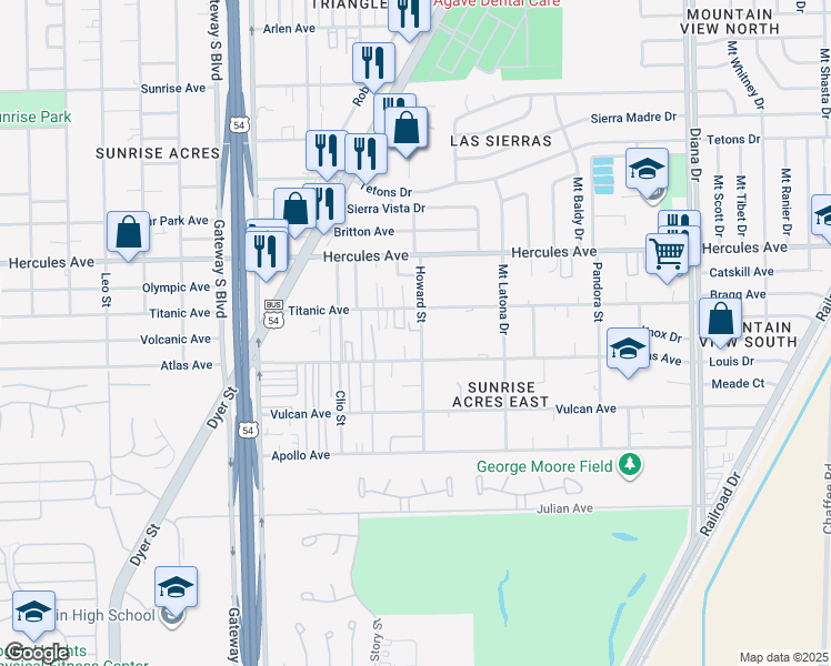 map of restaurants, bars, coffee shops, grocery stores, and more near 8017 Howard Street in El Paso