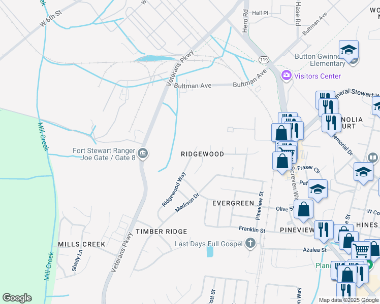 map of restaurants, bars, coffee shops, grocery stores, and more near 808 Ridgewood Way in Hinesville