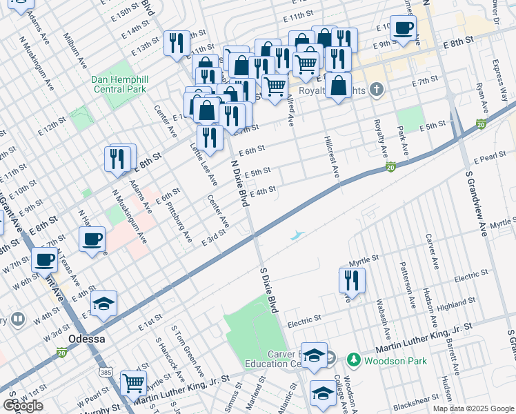 map of restaurants, bars, coffee shops, grocery stores, and more near 222 North Dixie Boulevard in Odessa