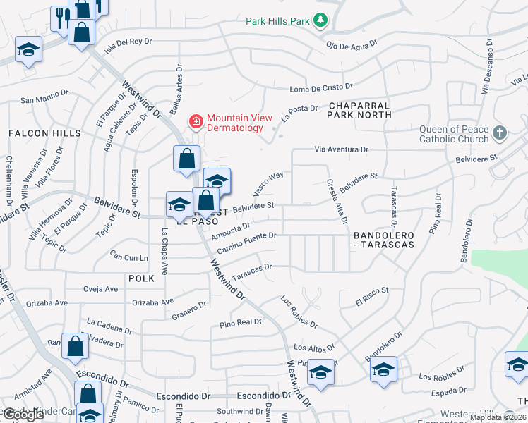 map of restaurants, bars, coffee shops, grocery stores, and more near 6511 Amposta Drive in El Paso