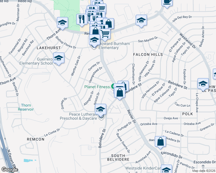 map of restaurants, bars, coffee shops, grocery stores, and more near 7317 Royal Arms Drive in El Paso